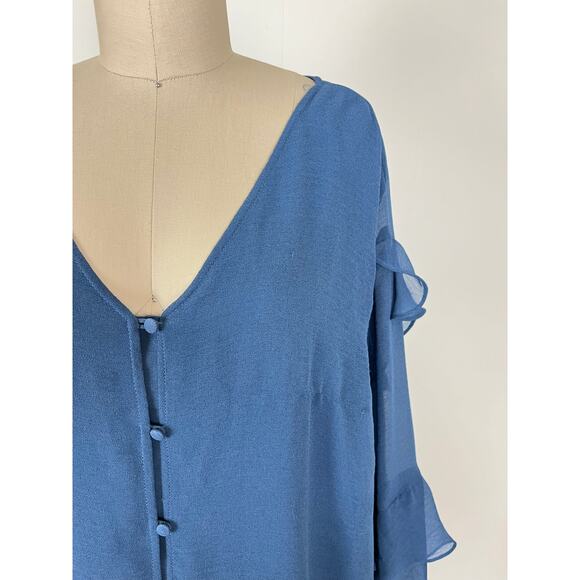 Vince Camuto Blue Ruffle Sheer Sleeve Chiffon V Neck Blouse 2X XXL Plus Size - Picture 3 of 16